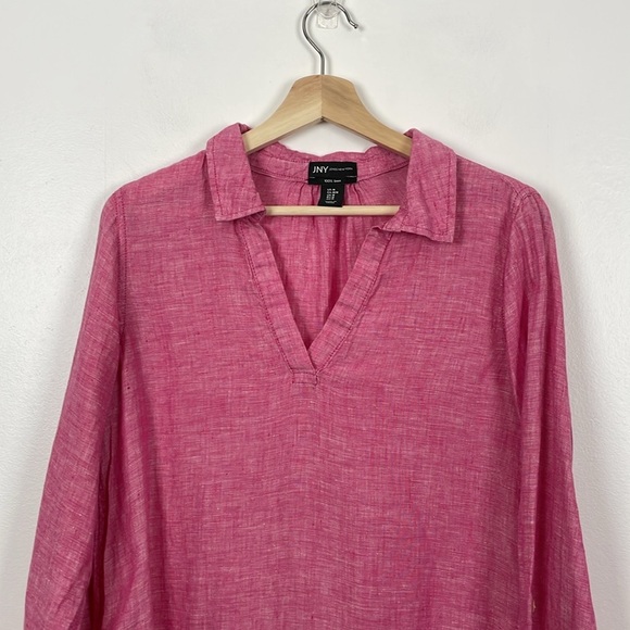 Jones New York Linen Tunic Top Womens Long Roll Sleeve M V Neck High Low Hem - Picture 3 of 8